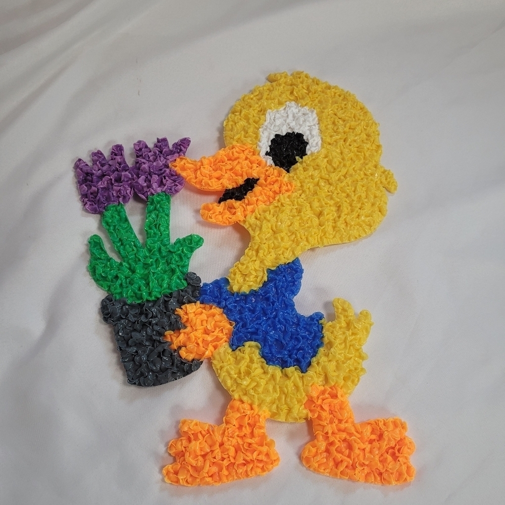 VTG Melted Plastic Popcorn Easter Duck w/Flowers Decoration
